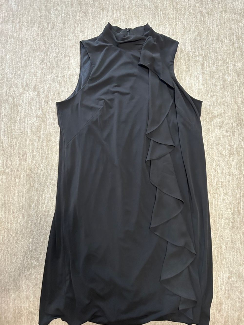 London Times Black Sleeveless Ruffle Mock-Neck Mini Dress